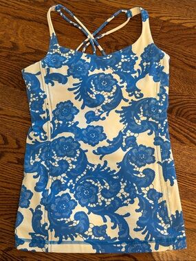 lululemon athletica Blue and White Lace-Print Strappy Tank size 6